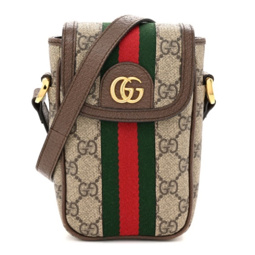 Gucci GG Supreme Monogram Web Ophidia Phone Crossbody Bag Beige New Acero